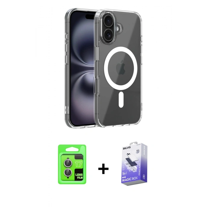 MARSİLYAN™- iPhone 17 Kılıf Ahenk Minimal Serisi - Siyah Bilvis 5in1 5D Magic Hayalet Cam Ekran Koruyucu + Raze Metal Kamera Lens - AKMR