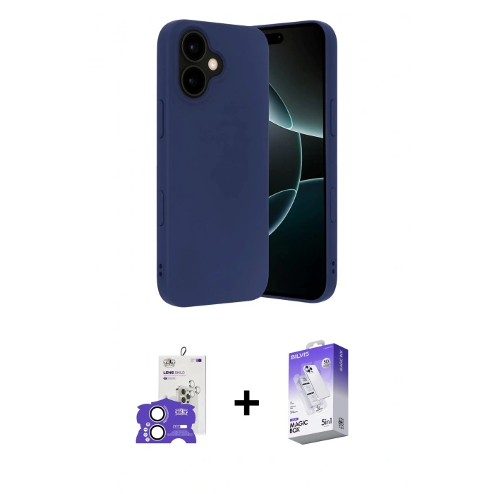 MARSİLYAN™- iPhone 17 Kılıf Ahenk Serisi - Siyah Bilvis 5in1 3D Magic Cam Ekran Koruyucu + Lila Bilvis Titan Kamera Lens