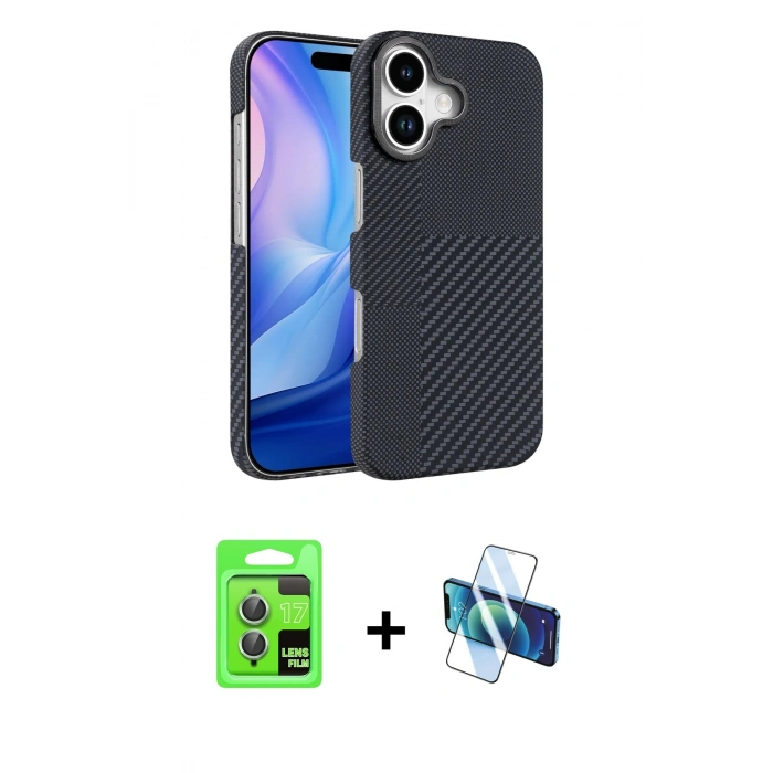 MARSİLYAN™- iPhone 17 Kılıf Doruk Serisi - Siyah 3D Antistatik Seramik Nano Ekran Koruyucu + Raze Metal Kamera Lens - AKYL