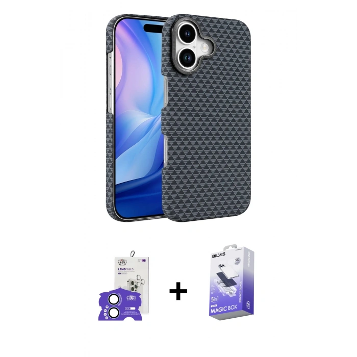 MARSİLYAN™- iPhone 17 Kılıf Doruk Serisi - Siyah Bilvis 5in1 5D Magic Hayalet Cam Ekran Koruyucu + Bilvis Titan Kamera Lens - AKMI