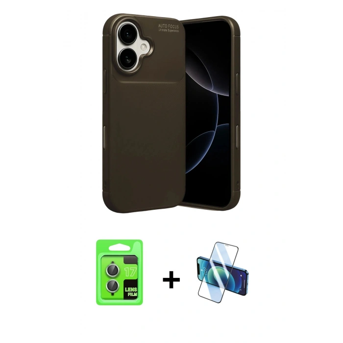 MARSİLYAN™- iPhone 17 Kılıf Eksen Form Prime - Siyah 3D Antistatik Cam Ekran Koruyucu + Raze Metal Kamera Lens - AKYL