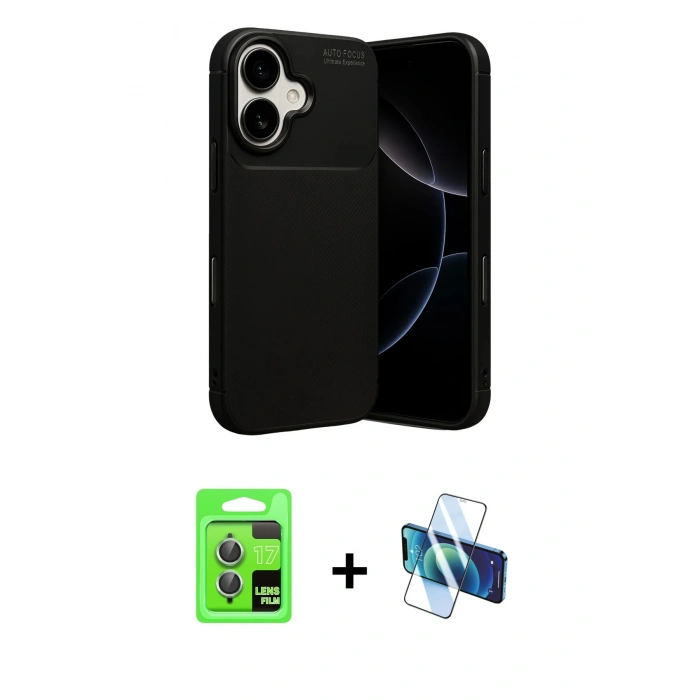 MARSİLYAN™- iPhone 17 Kılıf Eksen Form Prime - Siyah 3D Antistatik Cam Ekran Koruyucu + Raze Metal Kamera Lens - AKYL