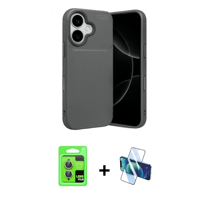 MARSİLYAN™- iPhone 17 Kılıf Eksen Form Prime - Siyah 3D Antistatik Cam Ekran Koruyucu + Raze Metal Kamera Lens - AKYL