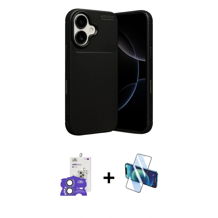 MARSİLYAN™- iPhone 17 Kılıf Eksen Form Prime - Siyah 3D Antistatik Cam Ekran Koruyucu + Bilvis Titan Kamera Lens - AKYL
