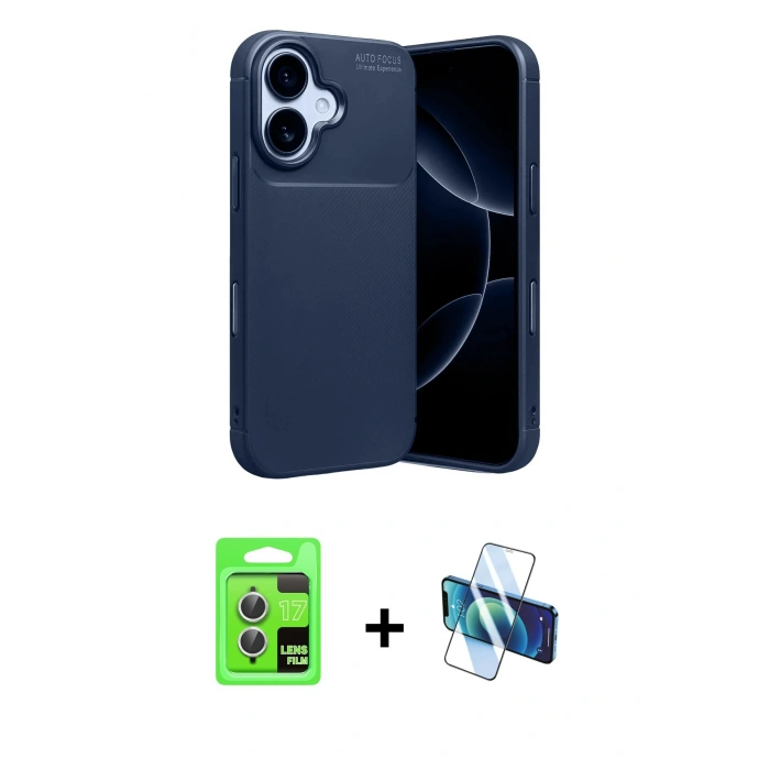 MARSİLYAN™- iPhone 17 Kılıf Eksen Form Prime - Siyah 3D Antistatik Cam Ekran Koruyucu + Raze Metal Kamera Lens - GS