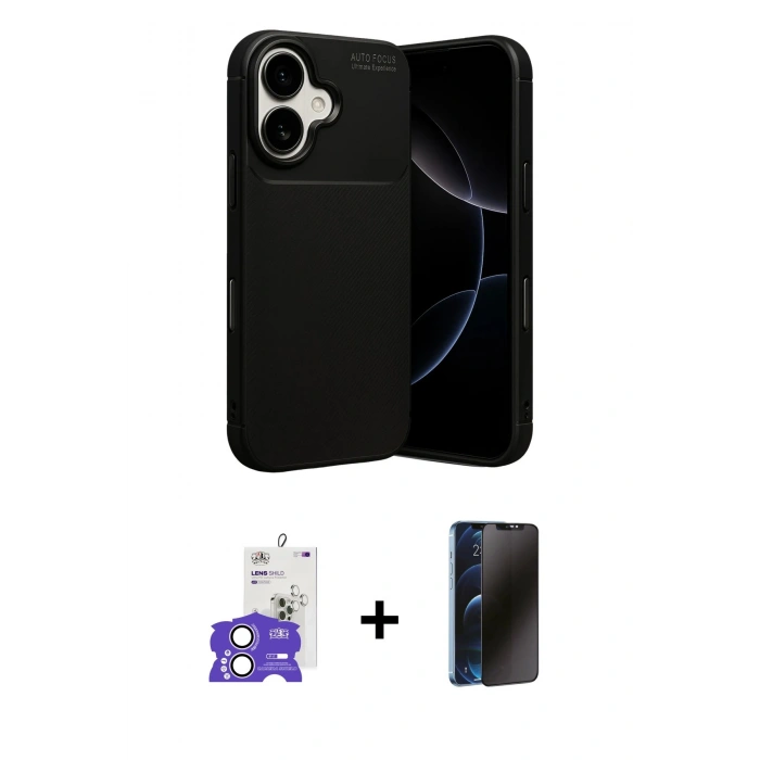 MARSİLYAN™- iPhone 17 Kılıf Eksen Form Prime - Siyah 3D Antistatik Hayalet Cam Ekran Koruyucu + Bilvis Titan Kamera Lens - LA