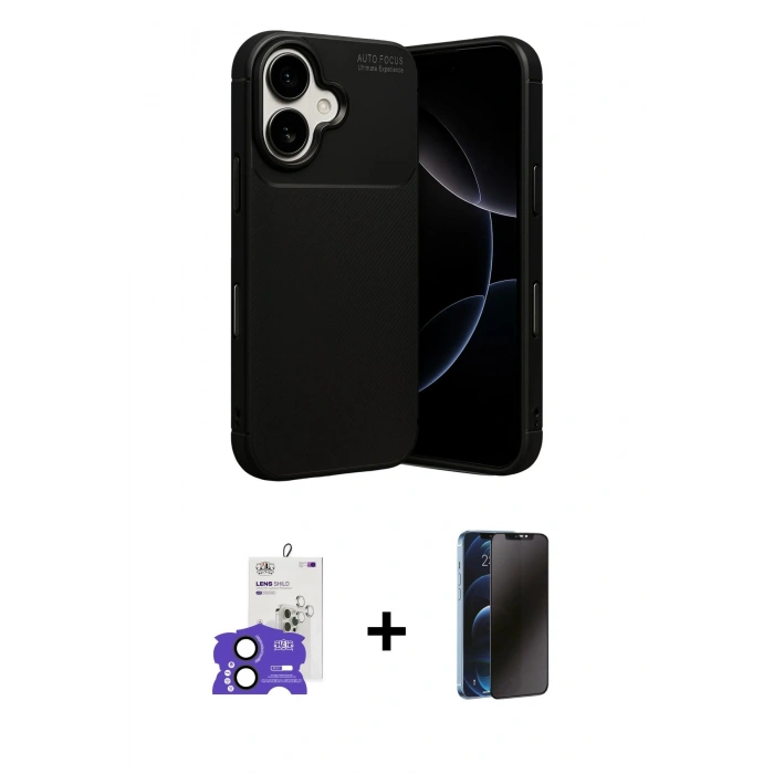MARSİLYAN™- iPhone 17 Kılıf Eksen Form Prime - Siyah 3D Antistatik Hayalet Cam Ekran Koruyucu + Bilvis Titan Kamera Lens - SH