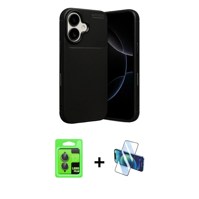 MARSİLYAN™- iPhone 17 Kılıf Eksen Form Prime - Siyah 3D Antistatik Seramik Nano Ekran Koruyucu + Raze Metal Kamera Lens - GI