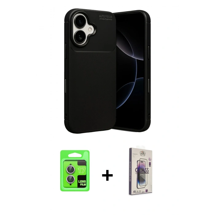 MARSİLYAN™- iPhone 17 Kılıf Eksen Form Prime - Siyah Bilvis 3D Cam Ekran Koruyucu + Raze Metal Kamera Lens - AKMR