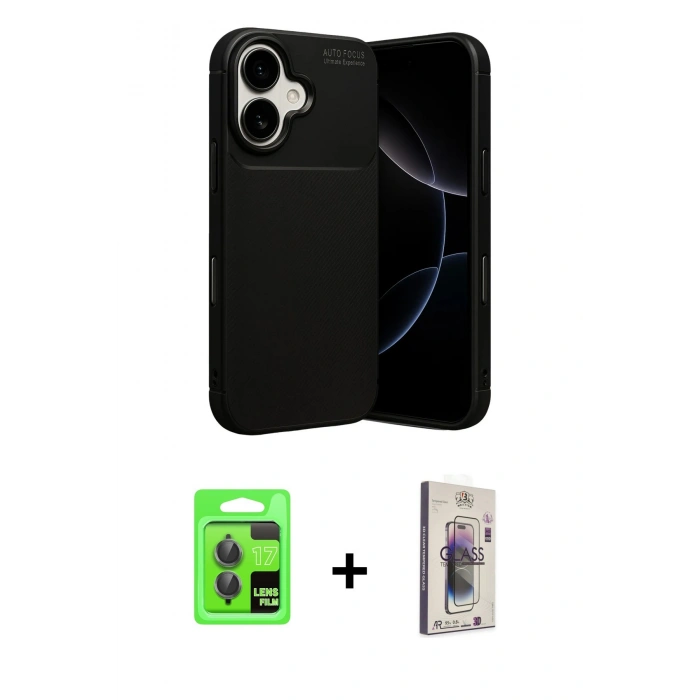 MARSİLYAN™- iPhone 17 Kılıf Eksen Form Prime - Siyah Bilvis 3D Cam Ekran Koruyucu + Raze Metal Kamera Lens - GI