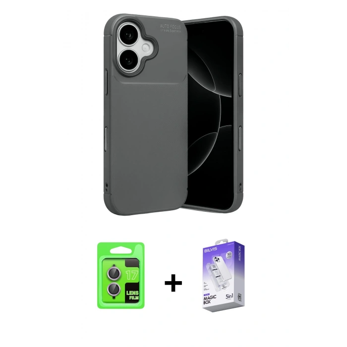 MARSİLYAN™- iPhone 17 Kılıf Eksen Form Prime - Siyah Bilvis 5in1 3D Magic Cam Ekran Koruyucu + Açık Mor Raze Metal Kamera Lens