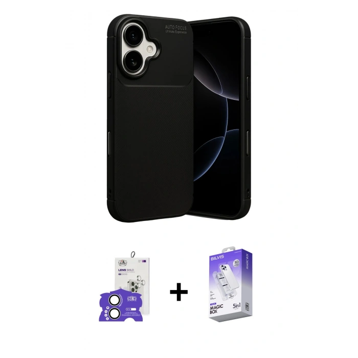 MARSİLYAN™- iPhone 17 Kılıf Eksen Form Prime - Siyah Bilvis 5in1 3D Magic Cam Ekran Koruyucu + Bilvis Titan Kamera Lens - AKYL