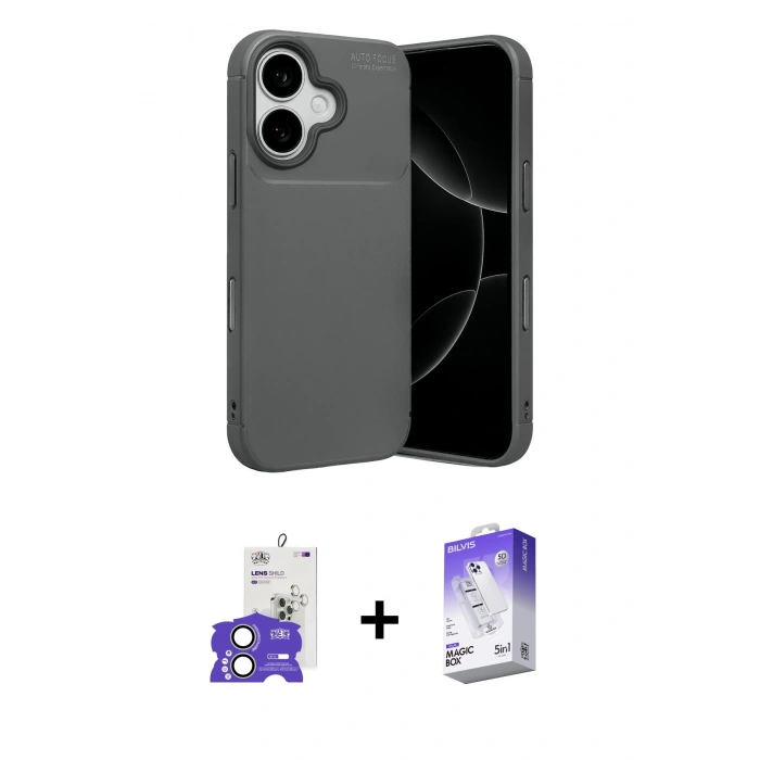 MARSİLYAN™- iPhone 17 Kılıf Eksen Form Prime - Siyah Bilvis 5in1 3D Magic Cam Ekran Koruyucu + Bilvis Titan Kamera Lens - AKYL