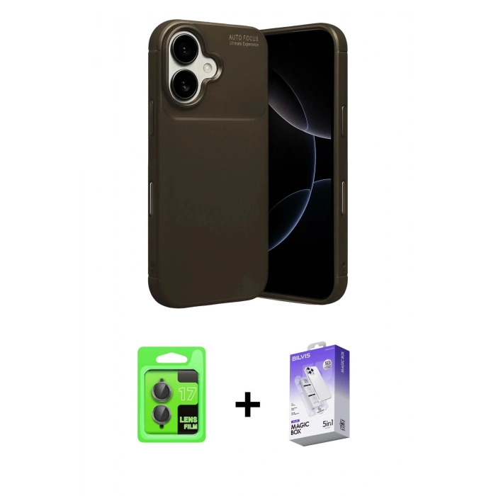 MARSİLYAN™- iPhone 17 Kılıf Eksen Form Prime - Siyah Bilvis 5in1 3D Magic Cam Ekran Koruyucu + Gri Raze Metal Kamera Lens