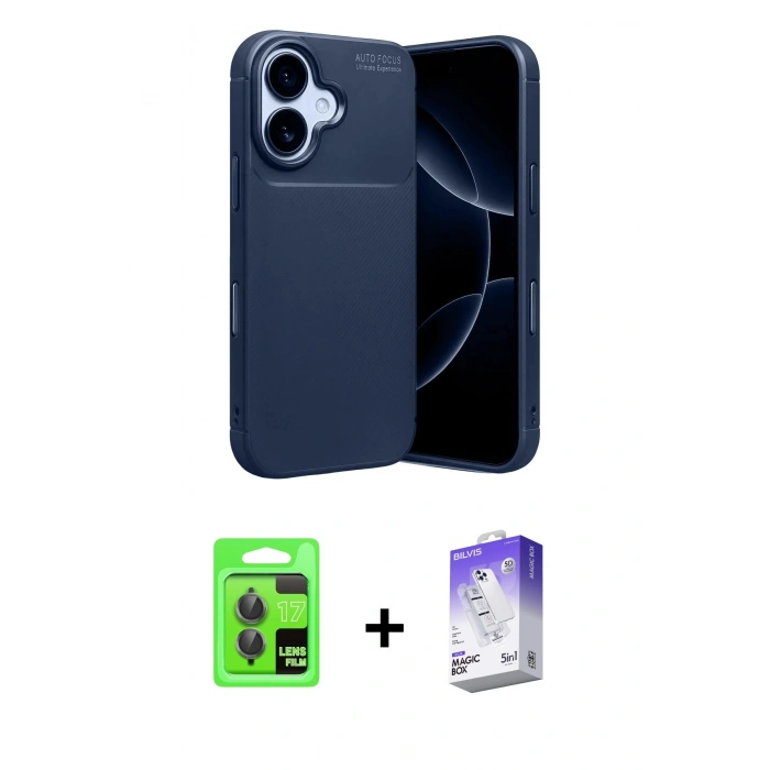 MARSİLYAN™- iPhone 17 Kılıf Eksen Form Prime - Siyah Bilvis 5in1 3D Magic Cam Ekran Koruyucu + Gri Raze Metal Kamera Lens