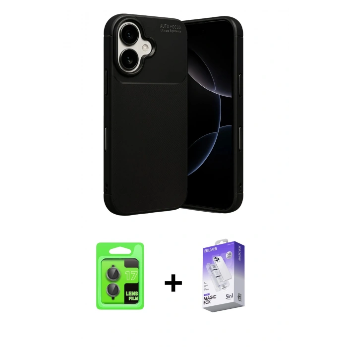 MARSİLYAN™- iPhone 17 Kılıf Eksen Form Prime - Siyah Bilvis 5in1 3D Magic Cam Ekran Koruyucu + Gri Raze Metal Kamera Lens
