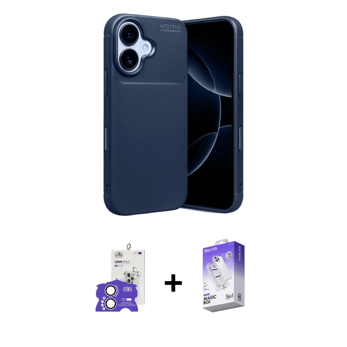 MARSİLYAN™- iPhone 17 Kılıf Eksen Form Prime - Siyah Bilvis 5in1 3D Magic Cam Ekran Koruyucu + Bilvis Titan Kamera Lens - GS