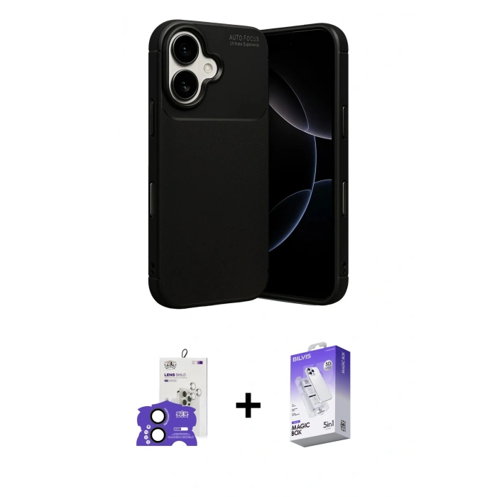 MARSİLYAN™- iPhone 17 Kılıf Eksen Form Prime - Siyah Bilvis 5in1 3D Magic Cam Ekran Koruyucu + Bilvis Titan Kamera Lens - SH