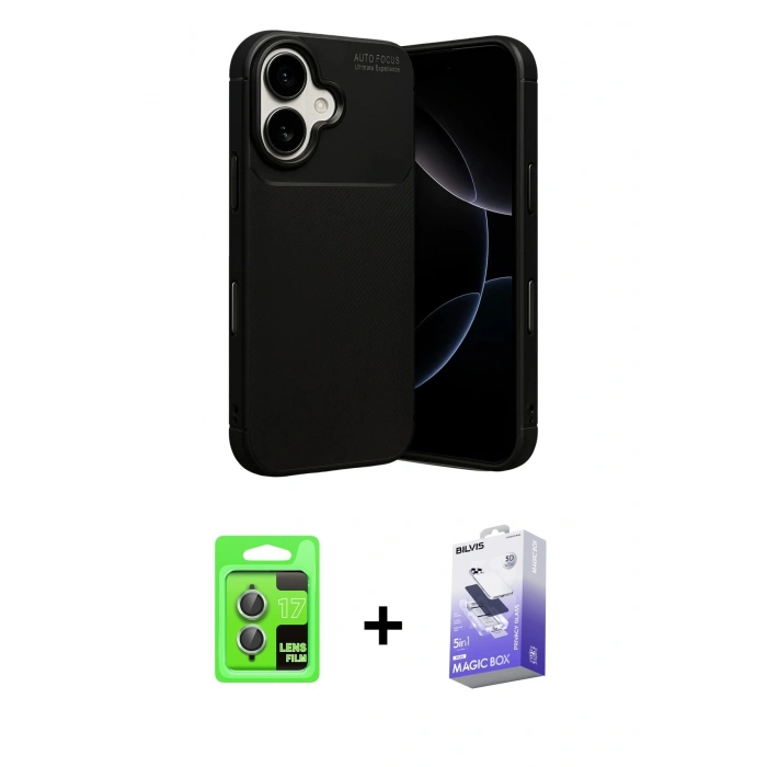 MARSİLYAN™- iPhone 17 Kılıf Eksen Form Prime - Siyah Bilvis 5in1 5D Magic Hayalet Cam Ekran Koruyucu + Açık Yeşil Raze Metal Kamera Lens