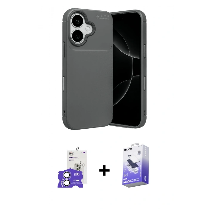 MARSİLYAN™- iPhone 17 Kılıf Eksen Form Prime - Siyah Bilvis 5in1 5D Magic Hayalet Cam Ekran Koruyucu + Gümüş Bilvis Titan Kamera Lens