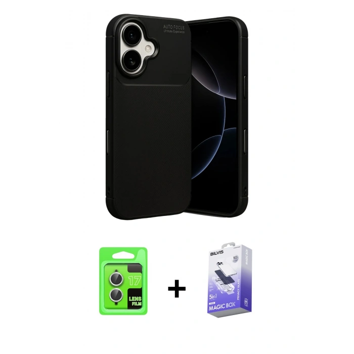 MARSİLYAN™- iPhone 17 Kılıf Eksen Form Prime - Siyah Bilvis 5in1 5D Magic Hayalet Cam Ekran Koruyucu + Gümüş Raze Metal Kamera Lens