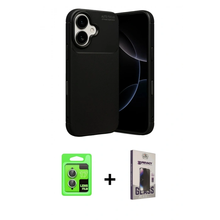 MARSİLYAN™- iPhone 17 Kılıf Eksen Form Prime - Siyah Bilvis Hayalet Cam Ekran Koruyucu + Raze Metal Kamera Lens - AKYL