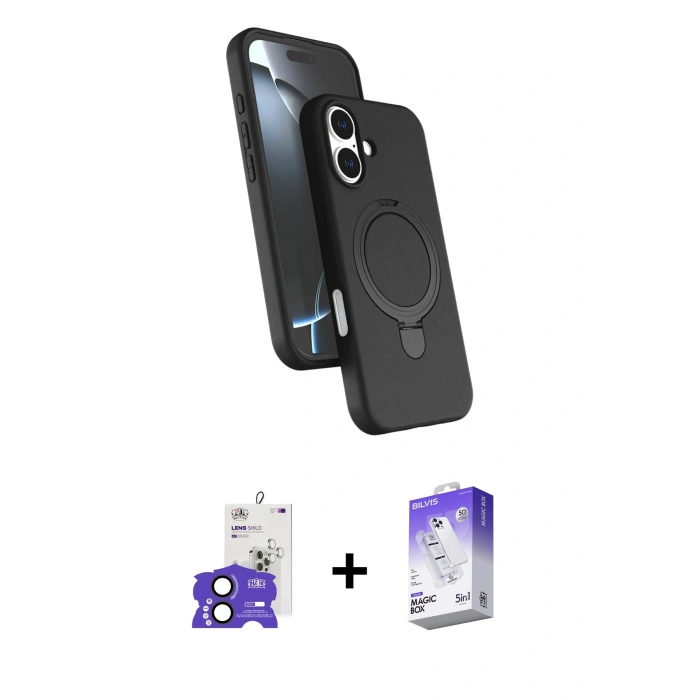 MARSİLYAN™- iPhone 17 Kılıf İz Işık Koleksiyonu - Siyah Bilvis 5in1 3D Magic Cam Ekran Koruyucu + Bilvis Titan Kamera Lens - SH