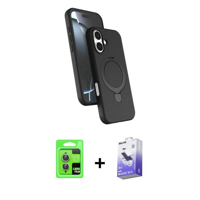 MARSİLYAN™- iPhone 17 Kılıf İz Işık Koleksiyonu - Siyah Bilvis 5in1 5D Magic Hayalet Cam Ekran Koruyucu + Açık Yeşil Raze Metal Kamera Lens