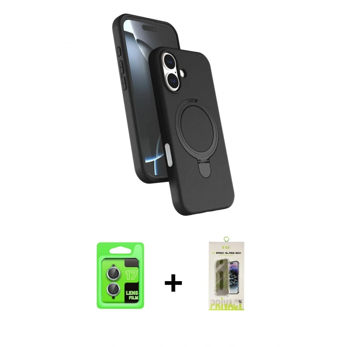 MARSİLYAN™- iPhone 17 Kılıf İz Işık Koleksiyonu - Siyah Joko Magic 5D Hayalet Cam + Raze Metal Kamera Lens - AKMI