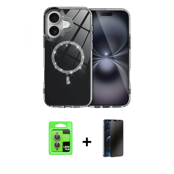 MARSİLYAN™- iPhone 17 Kılıf Kıvılcım Form Prime - Siyah 3D Antistatik Hayalet Cam Ekran Koruyucu + Raze Metal Kamera Lens - AKMR