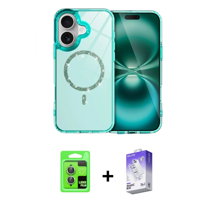 MARSİLYAN™- iPhone 17 Kılıf Kıvılcım Form Prime - Siyah Bilvis 5in1 3D Magic Cam Ekran Koruyucu + Açık Yeşil Raze Metal Kamera Lens