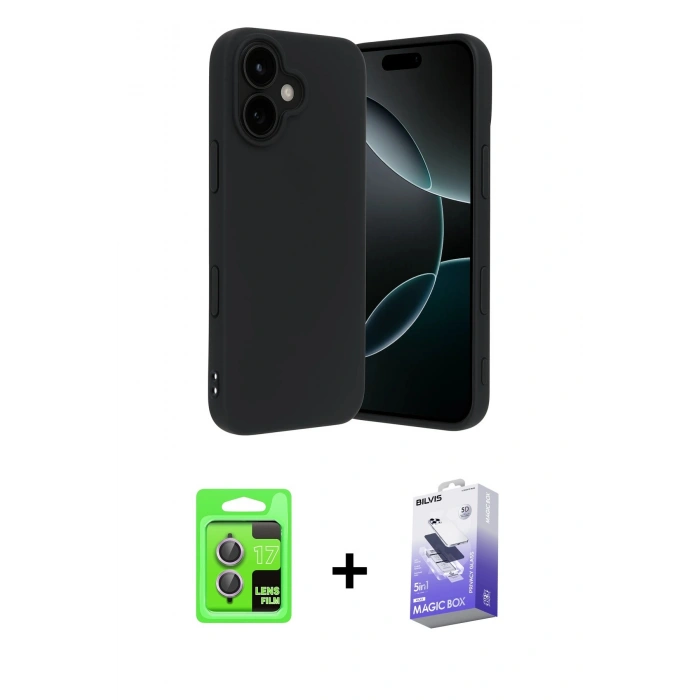 MARSİLYAN™- iPhone 17 Kılıf Kozmos Yansıma Özel Seri - Siyah Bilvis 5in1 5D Magic Hayalet Cam Ekran Koruyucu + Raze Metal Kamera Lens - AKMR