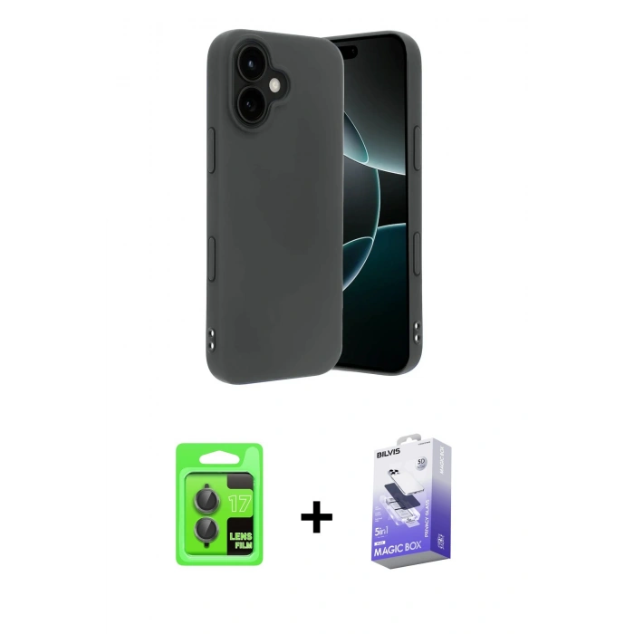 MARSİLYAN™- iPhone 17 Kılıf Kozmos Yansıma Özel Seri - Siyah Bilvis 5in1 5D Magic Hayalet Cam Ekran Koruyucu + Raze Metal Kamera Lens - GI