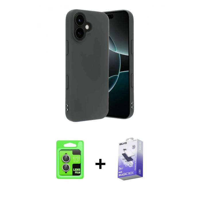 MARSİLYAN™- iPhone 17 Kılıf Kozmos Yansıma Özel Seri - Siyah Bilvis 5in1 5D Magic Hayalet Cam Ekran Koruyucu + Raze Metal Kamera Lens - AKMR