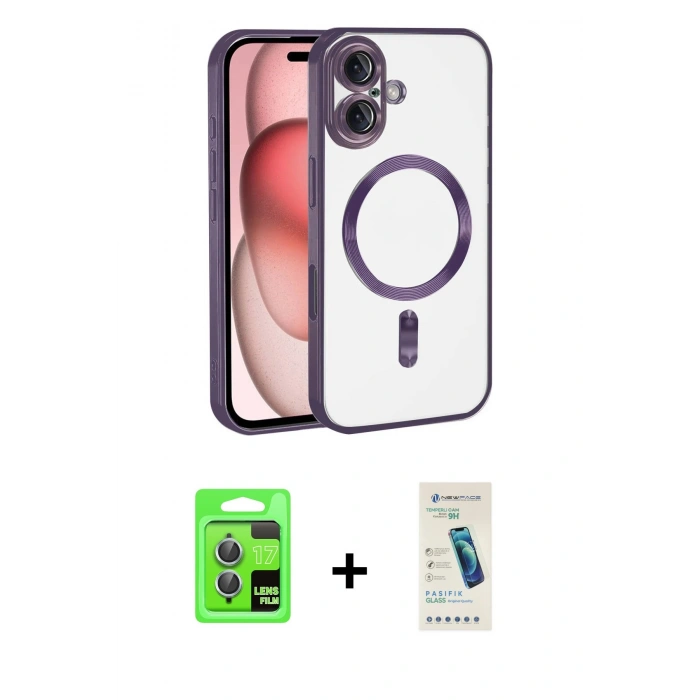 MARSİLYAN™- iPhone 17 Kılıf Nova Işık Özel Seri - Şeffaf Pasifik Cam Ekran Koruyucu + Raze Metal Kamera Lens - AKMI