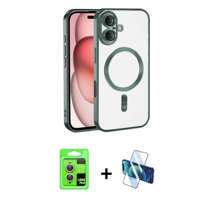 MARSİLYAN™- iPhone 17 Kılıf Nova Işık Özel Seri - Siyah 3D Antistatik Cam Ekran Koruyucu + Gümüş Raze Metal Kamera Lens