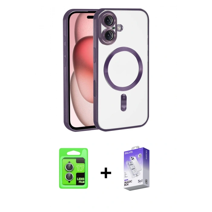 MARSİLYAN™- iPhone 17 Kılıf Nova Işık Özel Seri - Siyah Bilvis 5in1 3D Magic Cam Ekran Koruyucu + Açık Mavi Raze Metal Kamera Lens