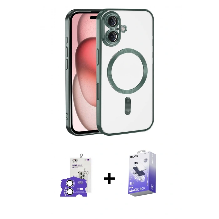 MARSİLYAN™- iPhone 17 Kılıf Nova Işık Özel Seri - Siyah Bilvis 5in1 5D Magic Hayalet Cam Ekran Koruyucu + Gümüş Bilvis Titan Kamera Lens