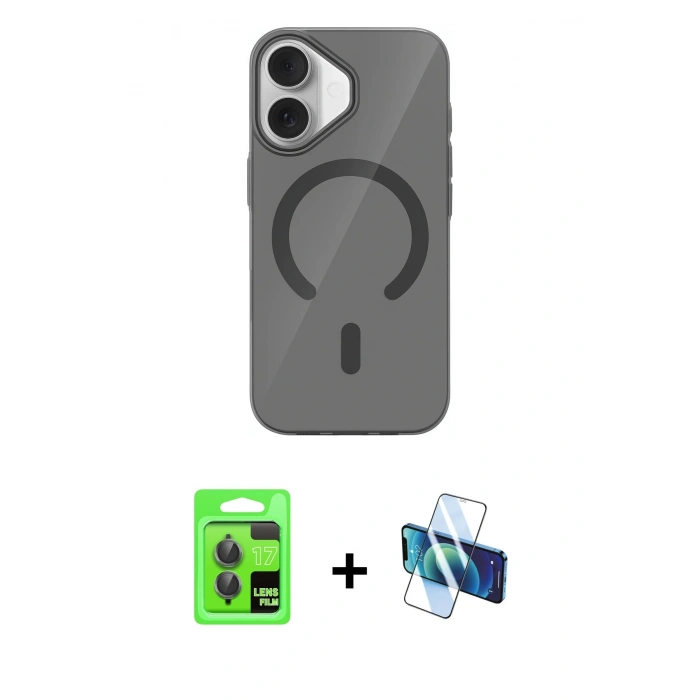 MARSİLYAN™- iPhone 17 Kılıf Pusula Form Özel Seri - Siyah 3D Antistatik Cam Ekran Koruyucu + Raze Metal Kamera Lens - GI