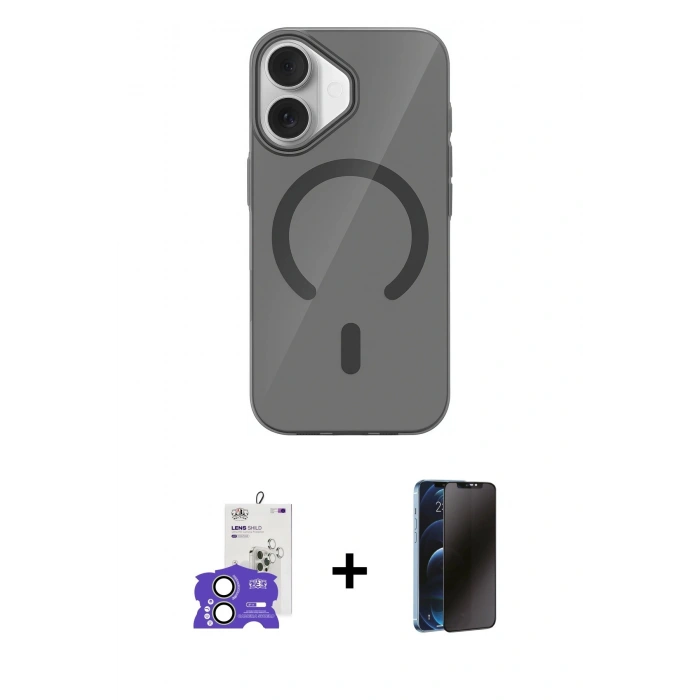 MARSİLYAN™- iPhone 17 Kılıf Pusula Form Özel Seri - Siyah 3D Antistatik Hayalet Cam Ekran Koruyucu + Bilvis Titan Kamera Lens - AKYL