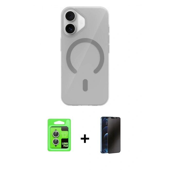 MARSİLYAN™- iPhone 17 Kılıf Pusula Form Özel Seri - Siyah 3D Antistatik Hayalet Cam Ekran Koruyucu + Raze Metal Kamera Lens - GS