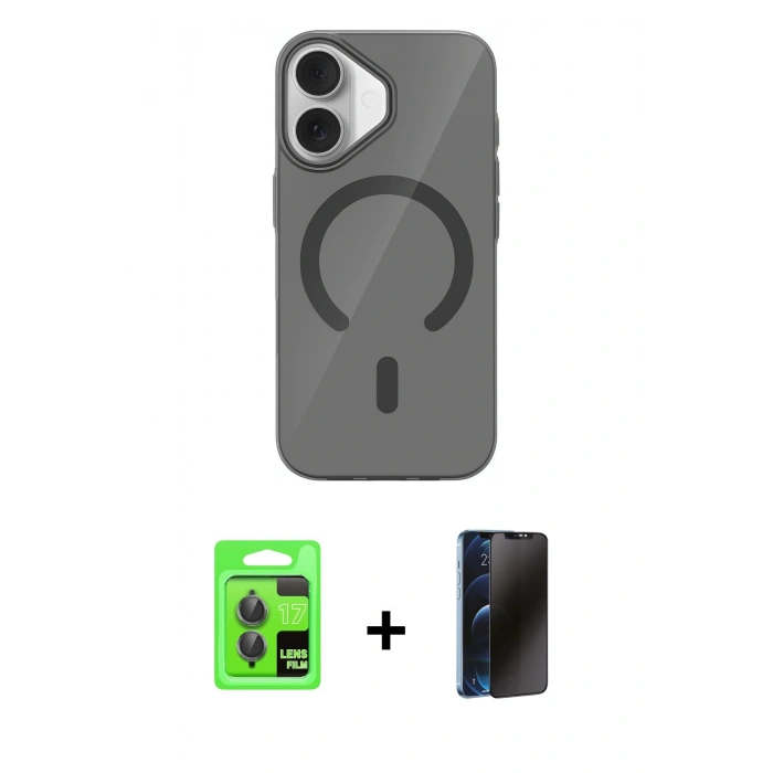 MARSİLYAN™- iPhone 17 Kılıf Pusula Form Özel Seri - Siyah 3D Antistatik Hayalet Cam Ekran Koruyucu + Raze Metal Kamera Lens - GI