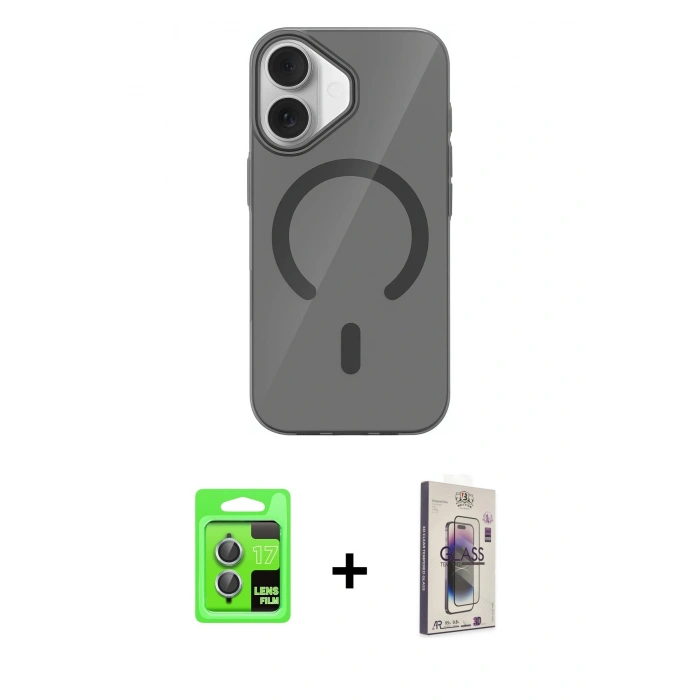 MARSİLYAN™- iPhone 17 Kılıf Pusula Form Özel Seri - Siyah Bilvis 3D Cam Ekran Koruyucu + Raze Metal Kamera Lens - AKMI