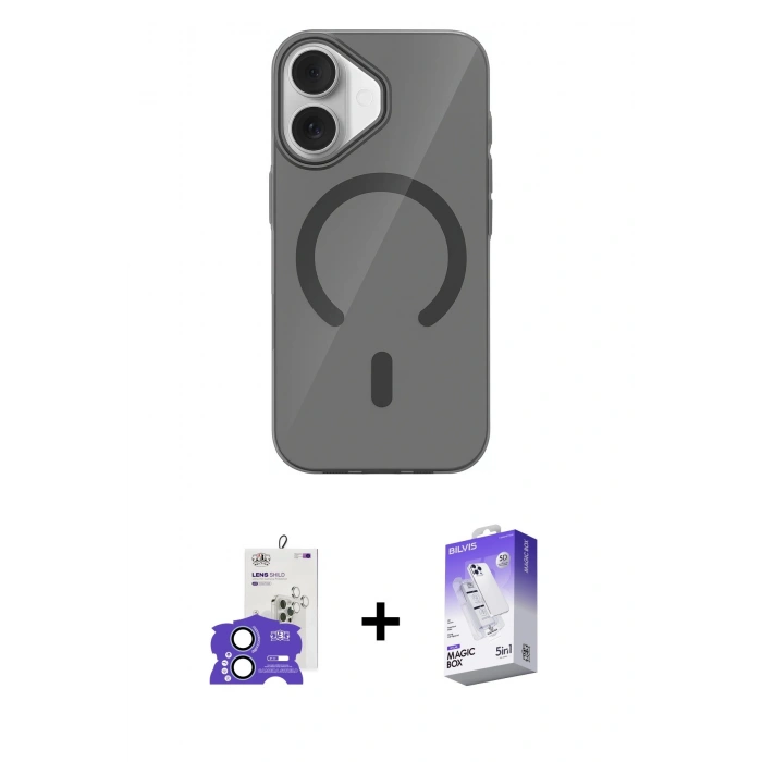 MARSİLYAN™- iPhone 17 Kılıf Pusula Form Özel Seri - Siyah Bilvis 5in1 3D Magic Cam Ekran Koruyucu + Açık Mavi Bilvis Titan Kamera Lens