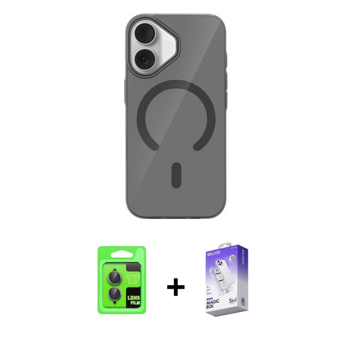MARSİLYAN™- iPhone 17 Kılıf Pusula Form Özel Seri - Siyah Bilvis 5in1 3D Magic Cam Ekran Koruyucu + Raze Metal Kamera Lens - GI