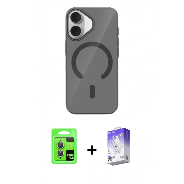 MARSİLYAN™- iPhone 17 Kılıf Pusula Form Özel Seri - Siyah Bilvis 5in1 3D Magic Cam Ekran Koruyucu + Raze Metal Kamera Lens - AKYL
