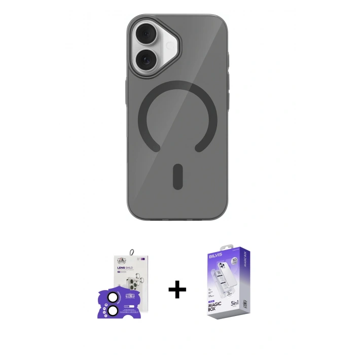 MARSİLYAN™- iPhone 17 Kılıf Pusula Form Özel Seri - Siyah Bilvis 5in1 3D Magic Cam Ekran Koruyucu + Bilvis Titan Kamera Lens - SH