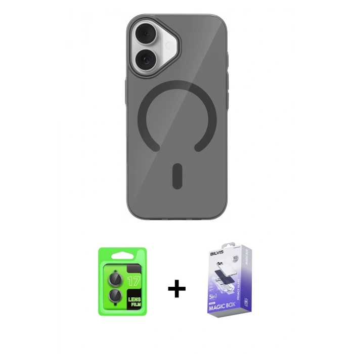 MARSİLYAN™- iPhone 17 Kılıf Pusula Form Özel Seri - Siyah Bilvis 5in1 5D Magic Hayalet Cam Ekran Koruyucu + Raze Metal Kamera Lens - GI