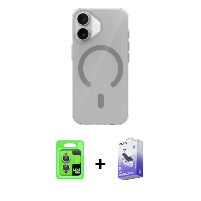MARSİLYAN™- iPhone 17 Kılıf Pusula Form Özel Seri - Siyah Bilvis 5in1 5D Magic Hayalet Cam Ekran Koruyucu + Raze Metal Kamera Lens - AKMR