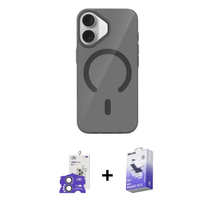 MARSİLYAN™- iPhone 17 Kılıf Pusula Form Özel Seri - Siyah Bilvis 5in1 5D Magic Hayalet Cam Ekran Koruyucu + Bilvis Titan Kamera Lens - AKYL